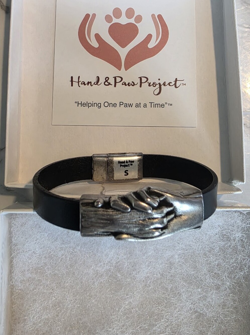 Hand & Paw Project Black Leather Original Bracelet Magnetic Clasp Silver Size S